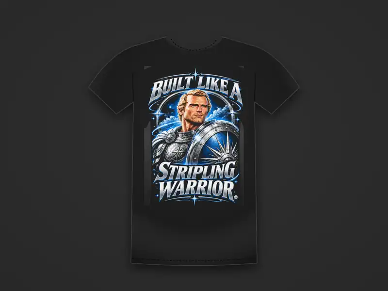 Black tee printed with a chrome-armored warrior with a starburst shield between the words Built Like a Stripling Warrior