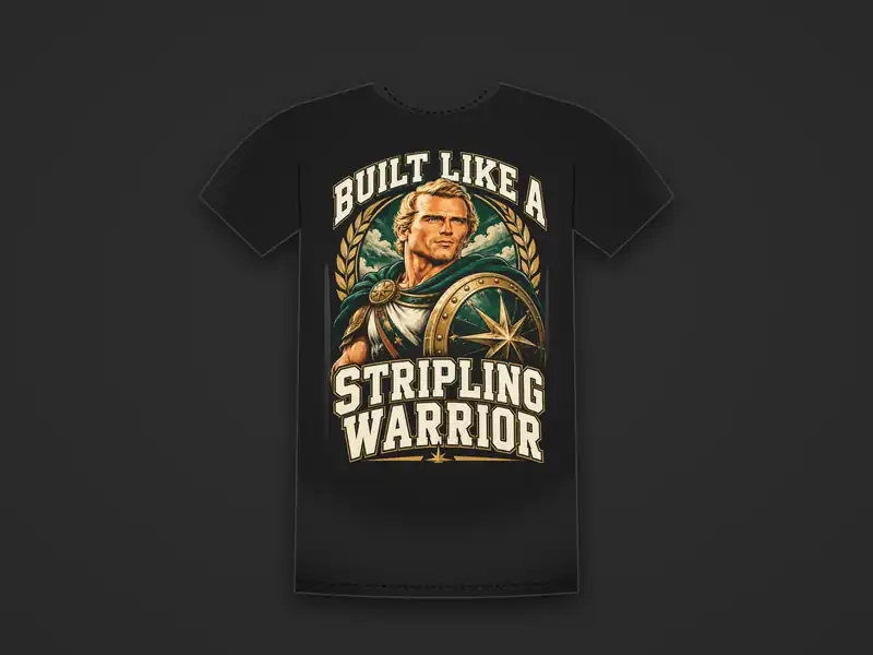 Black tee printed with a green-caped warrior with a gold compass shield between the words Built Like a Stripling Warrior