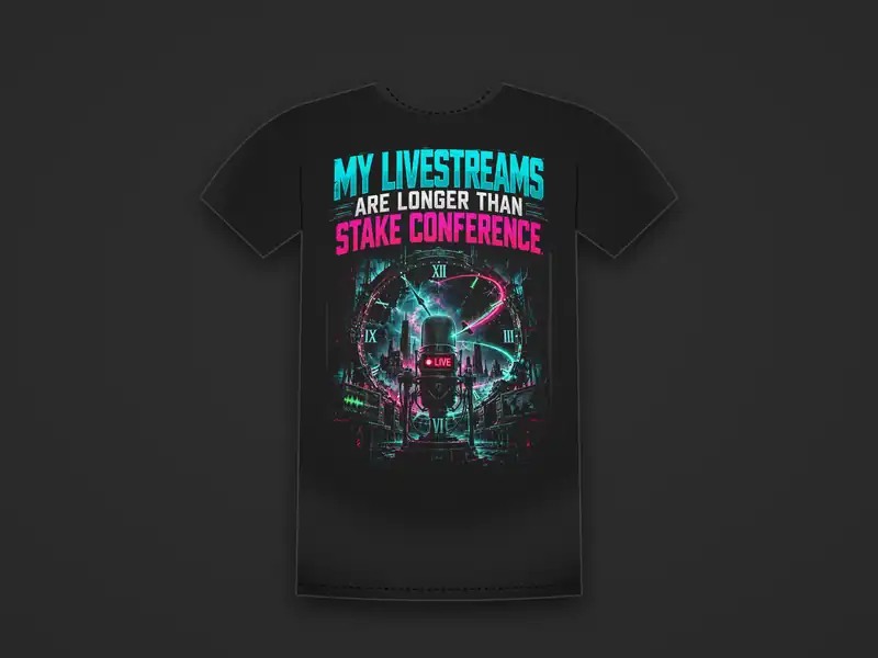 Black tee printed with a neon microphone with a LIVE sign under the words My Livestreams Are Longer Than Stake Conference