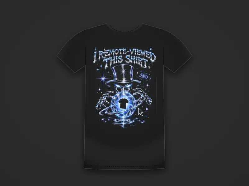 Black tee printed with a chrome figure in a top hat holding a crystal ball under the words I Remote-Viewed This Shirt