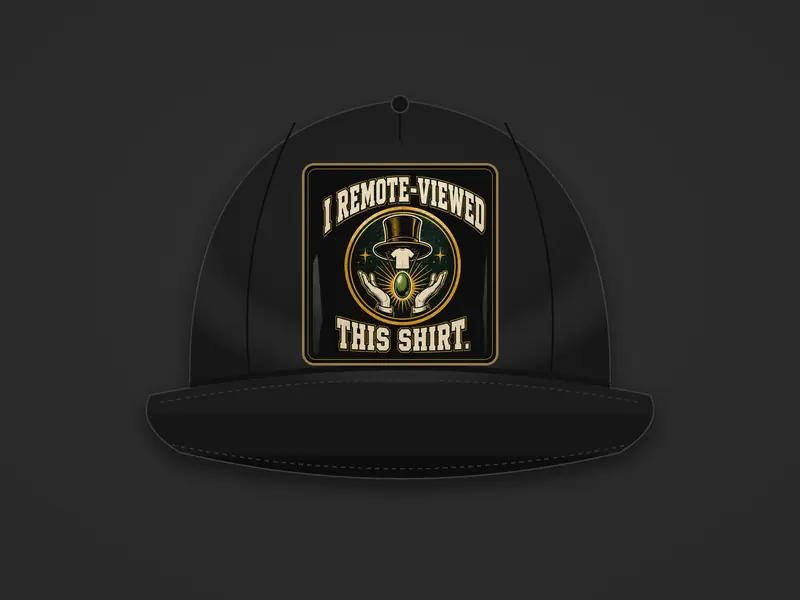 Black cap with a front patch showing a top hat above two hands holding a glowing stone between the words I Remote-Viewed This Shirt