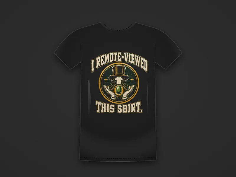 Black tee printed with a top hat above two hands holding a glowing stone between the words I Remote-Viewed This Shirt