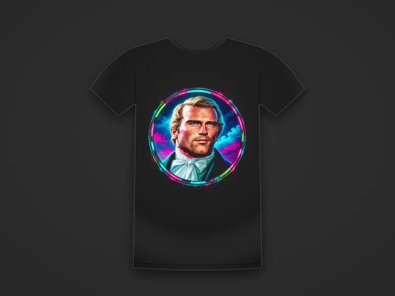 Black tee printed with a retro portrait of a man in a cravat inside a neon ring