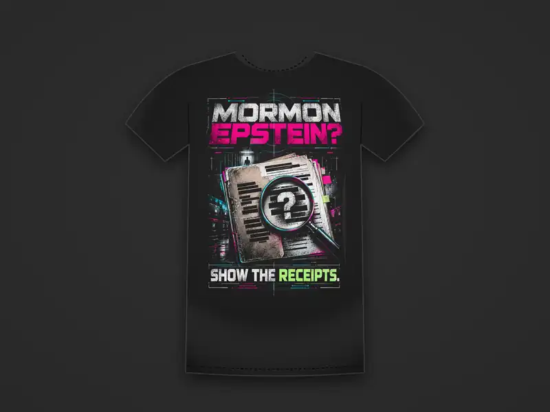 Black tee printed with redacted files under a magnifying glass between the words Mormon Epstein? Show the Receipts