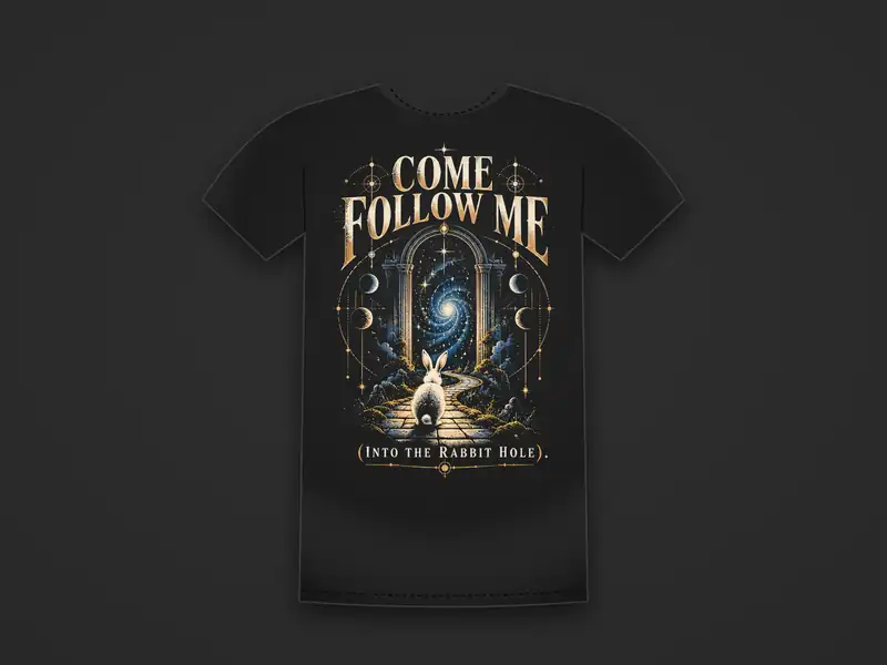 Black tee printed with a rabbit walking into a starry portal between the words Come Follow Me (Into the Rabbit Hole)