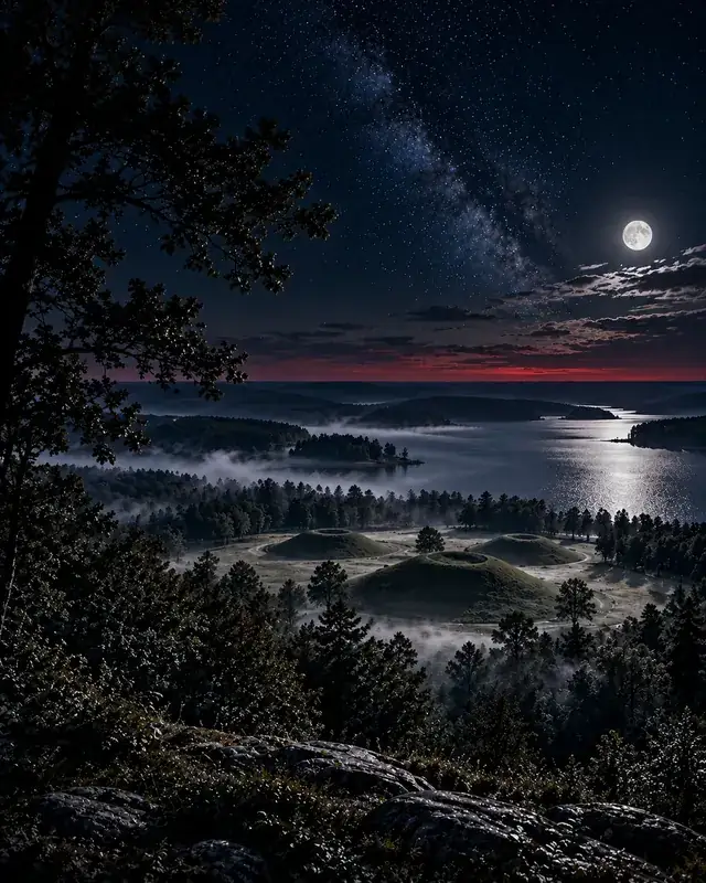 Concept illustration of moonlit earthen mounds near a forested lake (Beyond the Mounds; illustrative, not a real site).