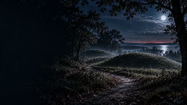 Concept illustration of a woodland path beside grass-covered earthen mounds (illustrative, not a real site).