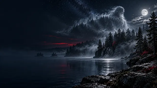 Symbolic giant-like shape formed from mist above a moonlit forest and lake (folklore concept art, not a discovery).