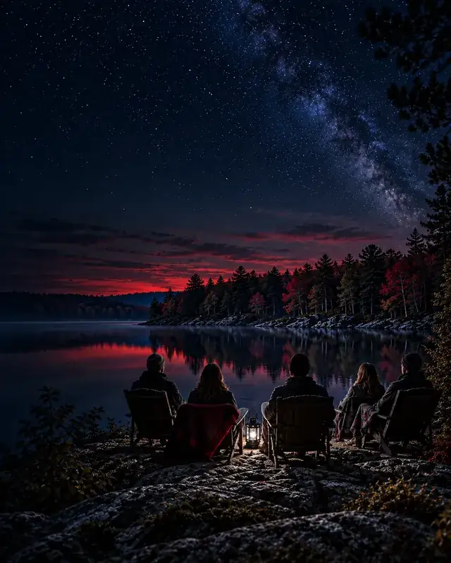 Illustrative group seen from behind reflecting beside a lake at night (concept art; not actual participants).