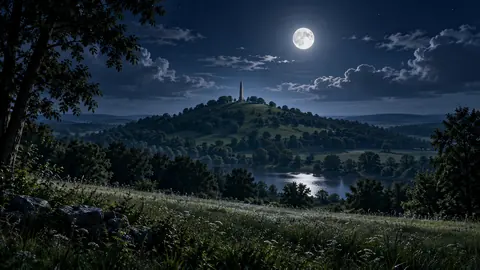Interpretive illustration of a monument on a wooded hill inspired by Hill Cumorah.