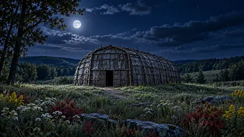 Interpretive illustration of a bark longhouse inspired by Ganondagan.