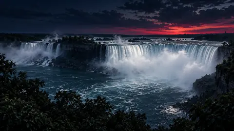 Illustration inspired by Niagara Falls, with silver water and mist beneath a navy sky.