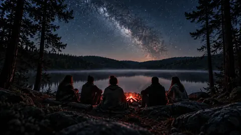 Illustration of anonymous adults gathered by a small fire beside a wooded lake.