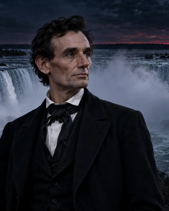 AI-generated illustration of clean-shaven Abraham Lincoln in his 1848 congressman era, with Horseshoe Falls and mist behind him.