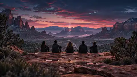AI illustration of a group reflecting above a red-rock valley at twilight.