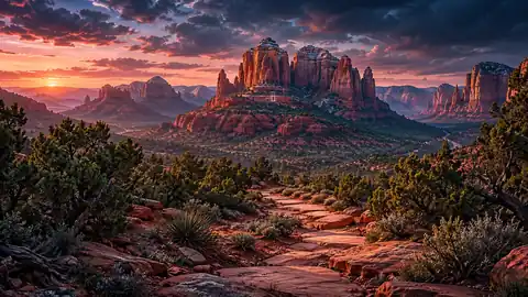 AI illustration of a sandstone path leading toward red cliffs and a distant luminous doorway.