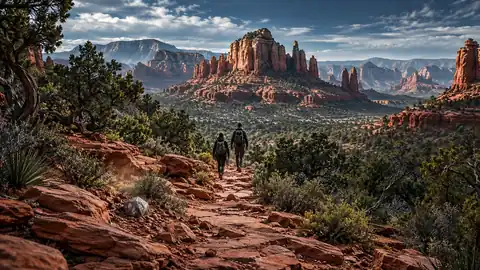 AI illustration of hikers on a desert trail beside a small geometric artifact.