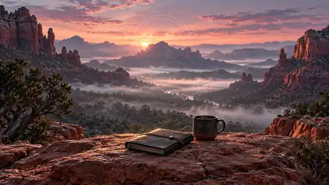 AI illustration of a journal and mug overlooking a misty desert dawn.