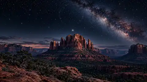 AI illustration of red-rock spires beneath stars and a faint circular distortion.