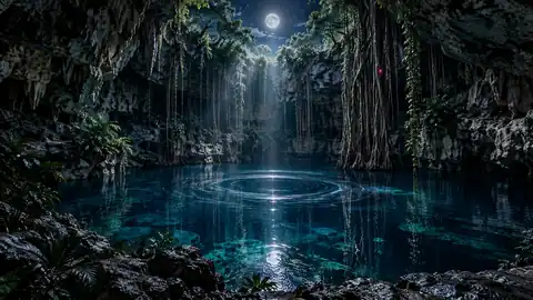 AI illustration of an imagined Yucatán cenote with moonlight, hanging roots, and a fictional ripple of light.