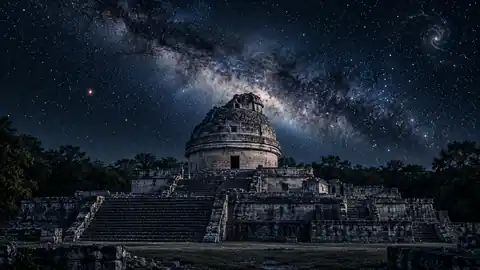 AI interpretation of El Caracol with a stylized Milky Way and a fictional sky distortion.