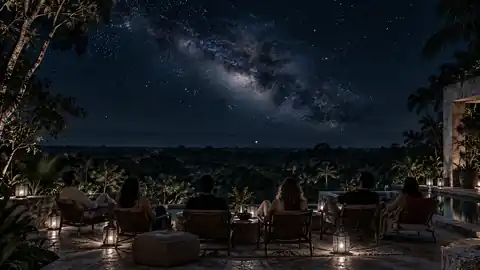 AI illustration of travelers gathered in chairs beneath the stars at an imagined jungle lodge.